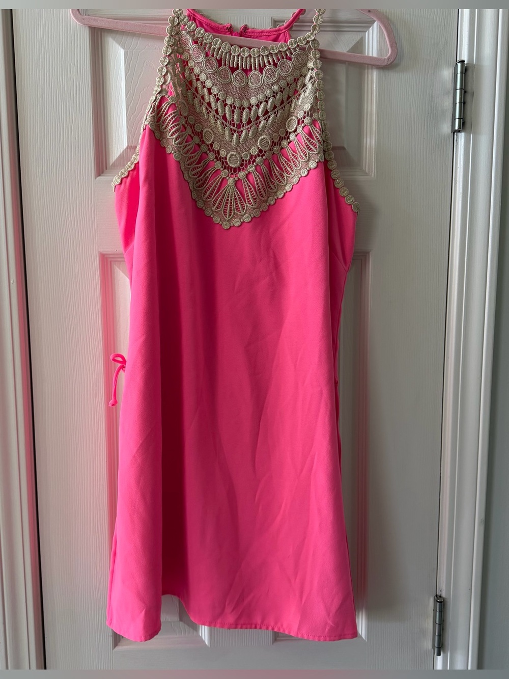 Lilly Pulitzer Pearl Skirted Shift Romper Pink Tropics Gold Lace Size 12 EUC
